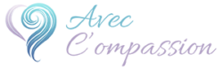 Logo Avec Compassion bleu violet de prothese-perruque-albi, cœur stylisé apaisant pour soins capillaires à Albi